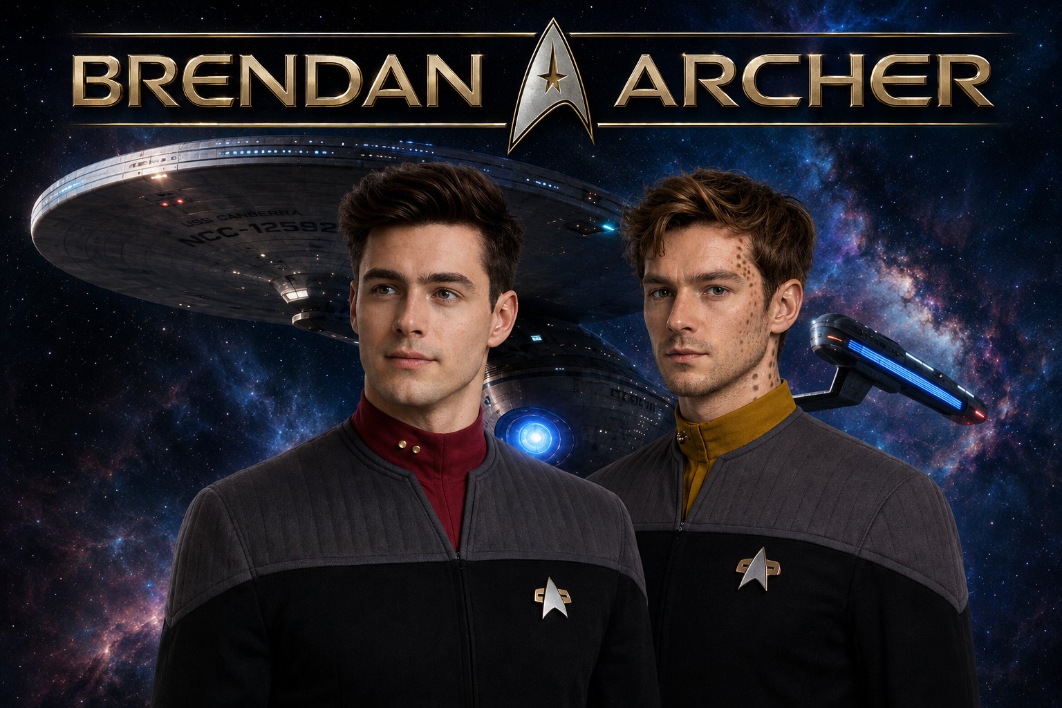 Two Starfleet officers in uniform in front of the USS Canberra, against a nebula